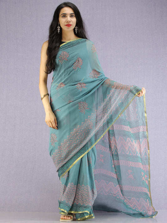 Turquoise Coral Green Hand Block Printed Chiffon Saree with Zari Border - S031704613
