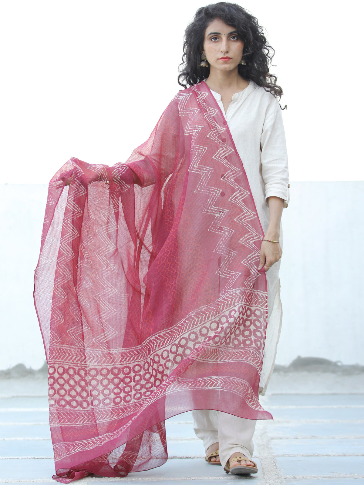 Onion Pink Ivory Kota Doria Cotton Hand Block Printed Dupatta  - D04170662