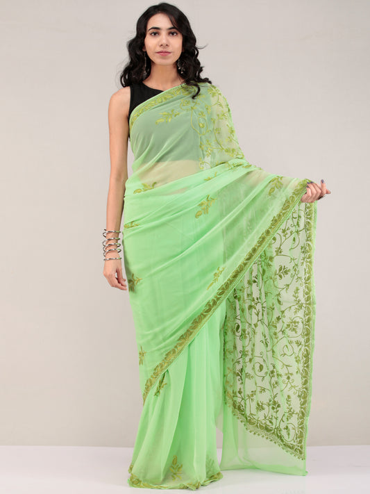 Green Aari Embroidered Georgette Saree From Kashmir - S031704655