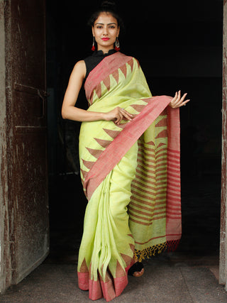 Light Green Red Handwoven Linen Jamdani Saree With Temple Border & Tassels - S031704026