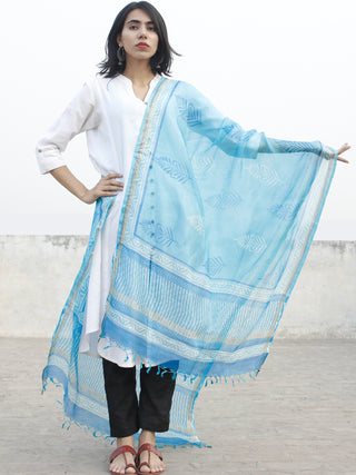 Azure Blue White Ivory Kota Silk Hand Black Printed Dupatta - D04170198