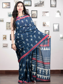 Indigo White Rosewood Pink Hand Block Printed Cotton Mul Saree   - S031703047