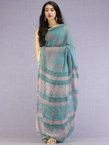 Turquoise Coral Green Hand Block Printed Chiffon Saree with Zari Border - S031704613