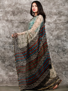 Ivory Black Green Hand Block Printed Chiffon Saree with Zari Border - S031703221
