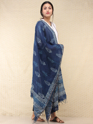 Indigo White Chanderi Hand Block Printed Dupatta - D04170718
