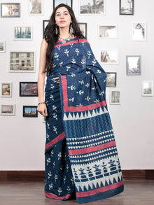 Indigo White Rosewood Pink Hand Block Printed Cotton Mul Saree   - S031703047