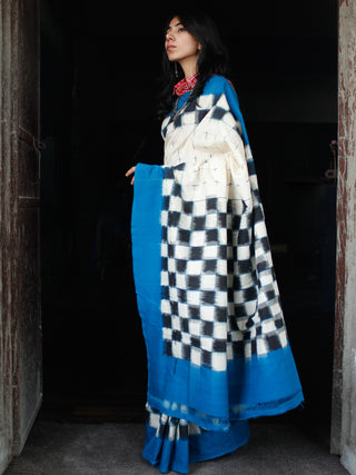 Midnight Blue Off White Double Ikat Handwoven Mercerised Cotton Saree - S031703541