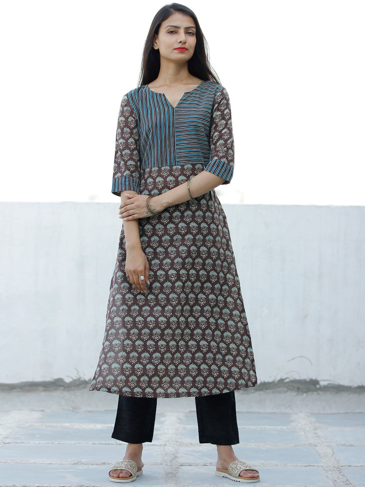 Brown Green Hand Block Printed Cotton Kurta - K190F1869