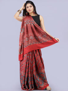Red Black Grey Ajrakh Hand Block Printed Modal Silk Saree - S031704265