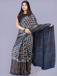 Indigo Ivory Red Black Ajrakh Hand Block Printed Modal Silk Saree - S031704194