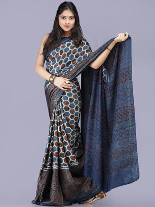 Indigo Ivory Red Black Ajrakh Hand Block Printed Modal Silk Saree - S031704194