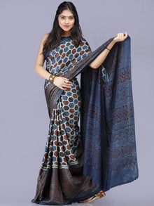 Indigo Ivory Red Black Ajrakh Hand Block Printed Modal Silk Saree - S031704194