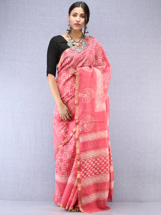 Pink Ivory Hand Block Printed Maheshwari Silk Saree With Zari Border - S031704533