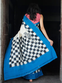 Midnight Blue Off White Double Ikat Handwoven Mercerised Cotton Saree - S031703541