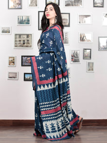 Indigo White Rosewood Pink Hand Block Printed Cotton Mul Saree   - S031703047