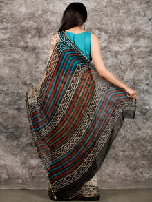 Ivory Black Green Hand Block Printed Chiffon Saree with Zari Border - S031703221