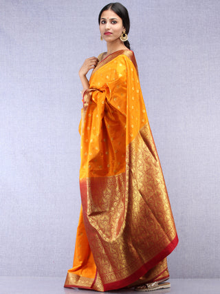 Banarasee Art Silk Self Weave Saree With Zari Work - Mustard Yellow Red & Gold - S031704436