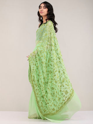 Green Aari Embroidered Georgette Saree From Kashmir - S031704655
