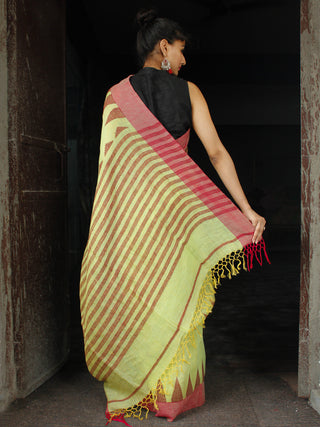 Light Green Red Handwoven Linen Jamdani Saree With Temple Border & Tassels - S031704026