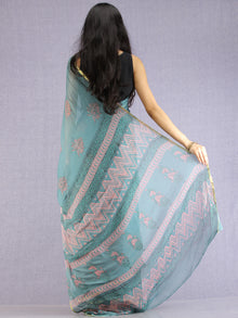 Turquoise Coral Green Hand Block Printed Chiffon Saree with Zari Border - S031704613