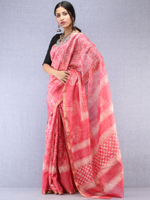 Pink Ivory Hand Block Printed Maheshwari Silk Saree With Zari Border - S031704533