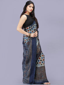 Indigo Ivory Red Black Ajrakh Hand Block Printed Modal Silk Saree - S031704194