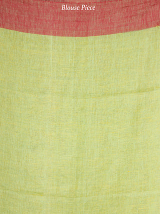 Light Green Red Handwoven Linen Jamdani Saree With Temple Border & Tassels - S031704026