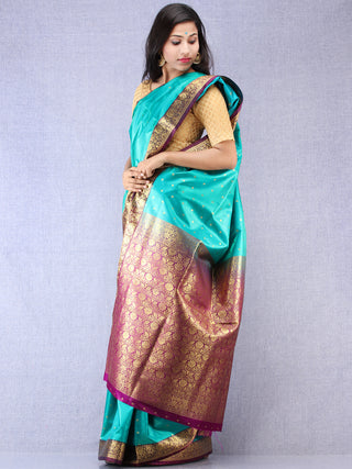 Banarasee Art Silk Self Weave Saree With Zari Work - Green Magenta & Gold - S031704339