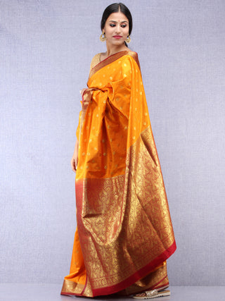 Banarasee Art Silk Self Weave Saree With Zari Work - Mustard Yellow Red & Gold - S031704436