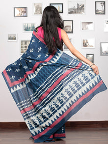 Indigo White Rosewood Pink Hand Block Printed Cotton Mul Saree   - S031703047