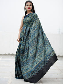 Indigo Fern Green Black Ivory Ajrakh Hand Block Printed Modal Silk Saree in Natural Colors - S031703727