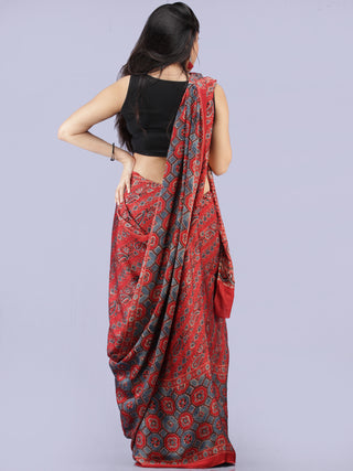 Red Black Grey Ajrakh Hand Block Printed Modal Silk Saree - S031704265
