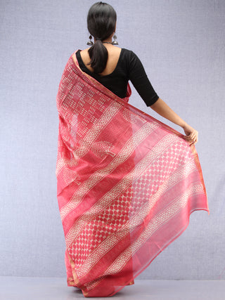 Pink Ivory Hand Block Printed Maheshwari Silk Saree With Zari Border - S031704533
