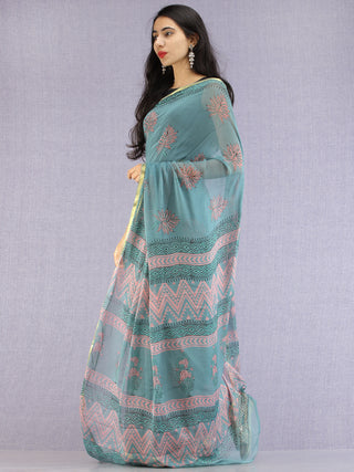 Turquoise Coral Green Hand Block Printed Chiffon Saree with Zari Border - S031704613