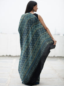 Indigo Fern Green Black Ivory Ajrakh Hand Block Printed Modal Silk Saree in Natural Colors - S031703727
