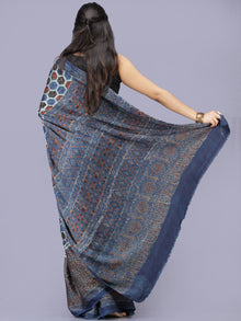Indigo Ivory Red Black Ajrakh Hand Block Printed Modal Silk Saree - S031704194