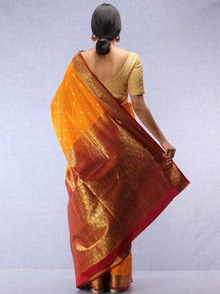 Banarasee Art Silk Self Weave Saree With Zari Work - Mustard Yellow Red & Gold - S031704436