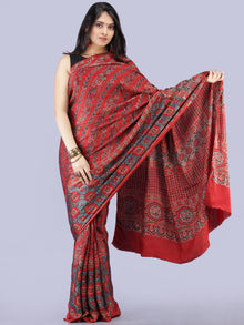 Red Black Grey Ajrakh Hand Block Printed Modal Silk Saree - S031704265