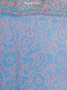 Sky Blue Coral Green Hand Block Printed Chiffon Saree with Zari Border - S031703264
