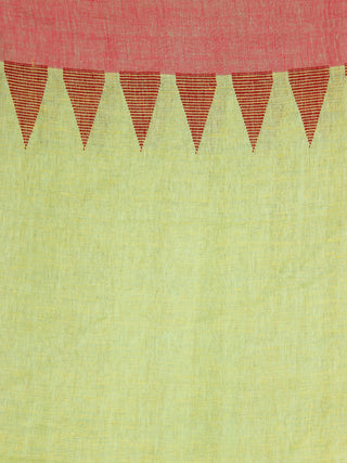 Light Green Red Handwoven Linen Jamdani Saree With Temple Border & Tassels - S031704026