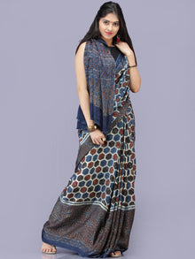Indigo Ivory Red Black Ajrakh Hand Block Printed Modal Silk Saree - S031704194