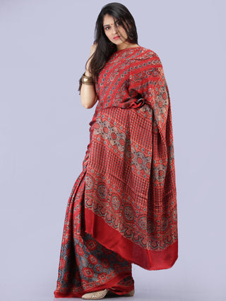 Red Black Grey Ajrakh Hand Block Printed Modal Silk Saree - S031704265