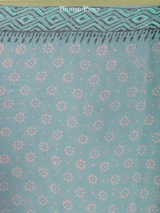 Turquoise Coral Green Hand Block Printed Chiffon Saree with Zari Border - S031704613