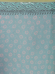 Turquoise Coral Green Hand Block Printed Chiffon Saree with Zari Border - S031704613