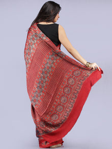 Red Black Grey Ajrakh Hand Block Printed Modal Silk Saree - S031704265