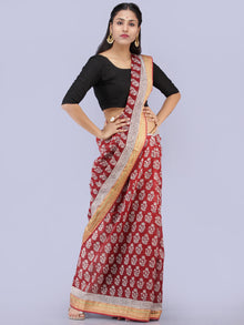Dark Red Ivory Black Bagh Printed Maheshwari Cotton Saree - S031704253