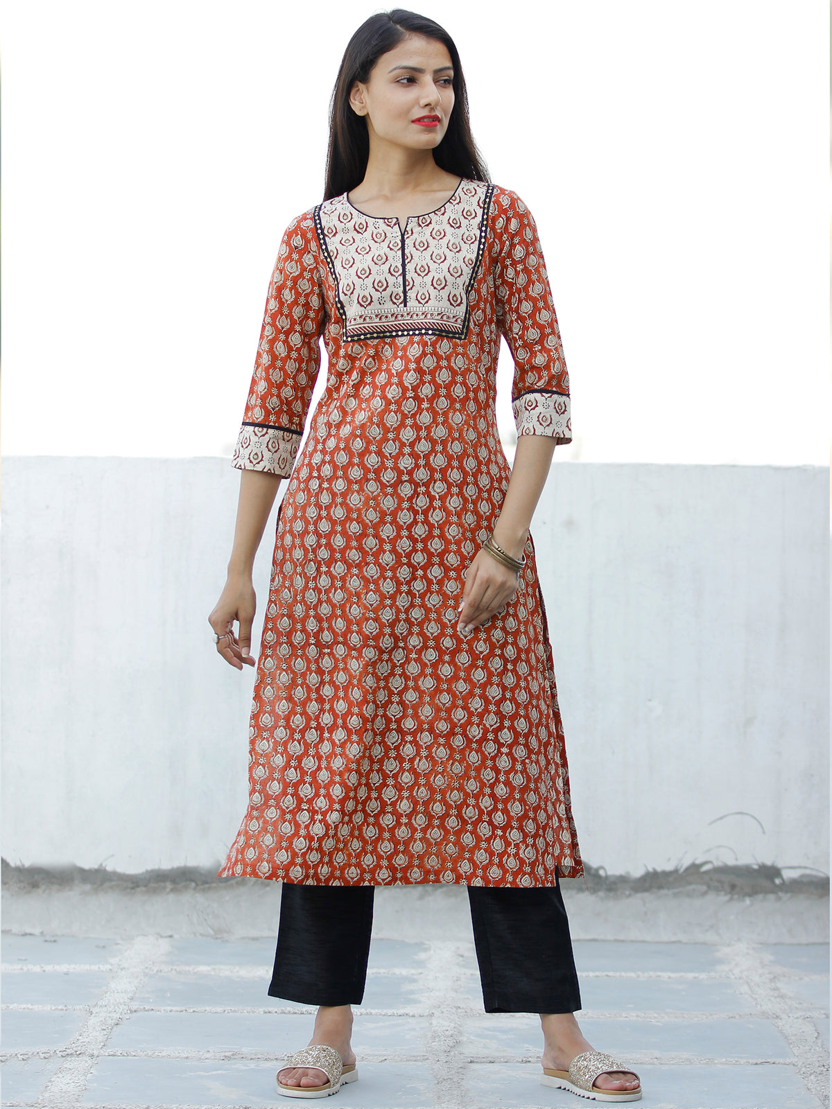 Rust Beige Hand Block Printed Cotton Kurta - K188F1834
