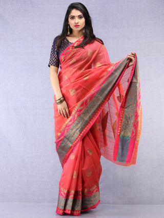 Banarasee Silk Saree With Zari Work - Coral Pink  Blue & Gold - S031704437
