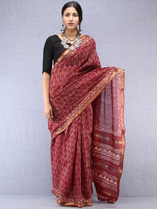 Maroon Ivory Hand Block Printed Maheshwari Silk Saree With Zari Border - S031704534