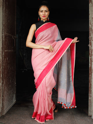 Pink Coral Grey Linen Handloom Saree With  Tassels - S031704027